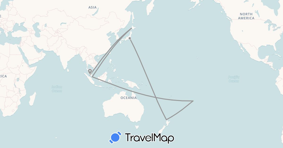TravelMap itinerary: driving, plane in Cook Islands, Japan, Malaysia, New Zealand, Singapore (Asia, Oceania)
